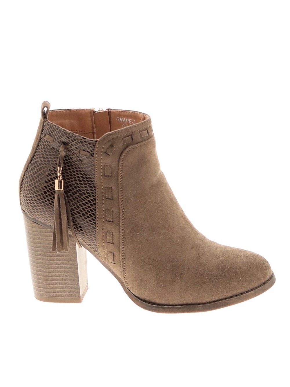 BOOTIES ~ Taupe Cruelty-Free Suede Ankle Boots w/Tassels & Woodgrain Block Heel